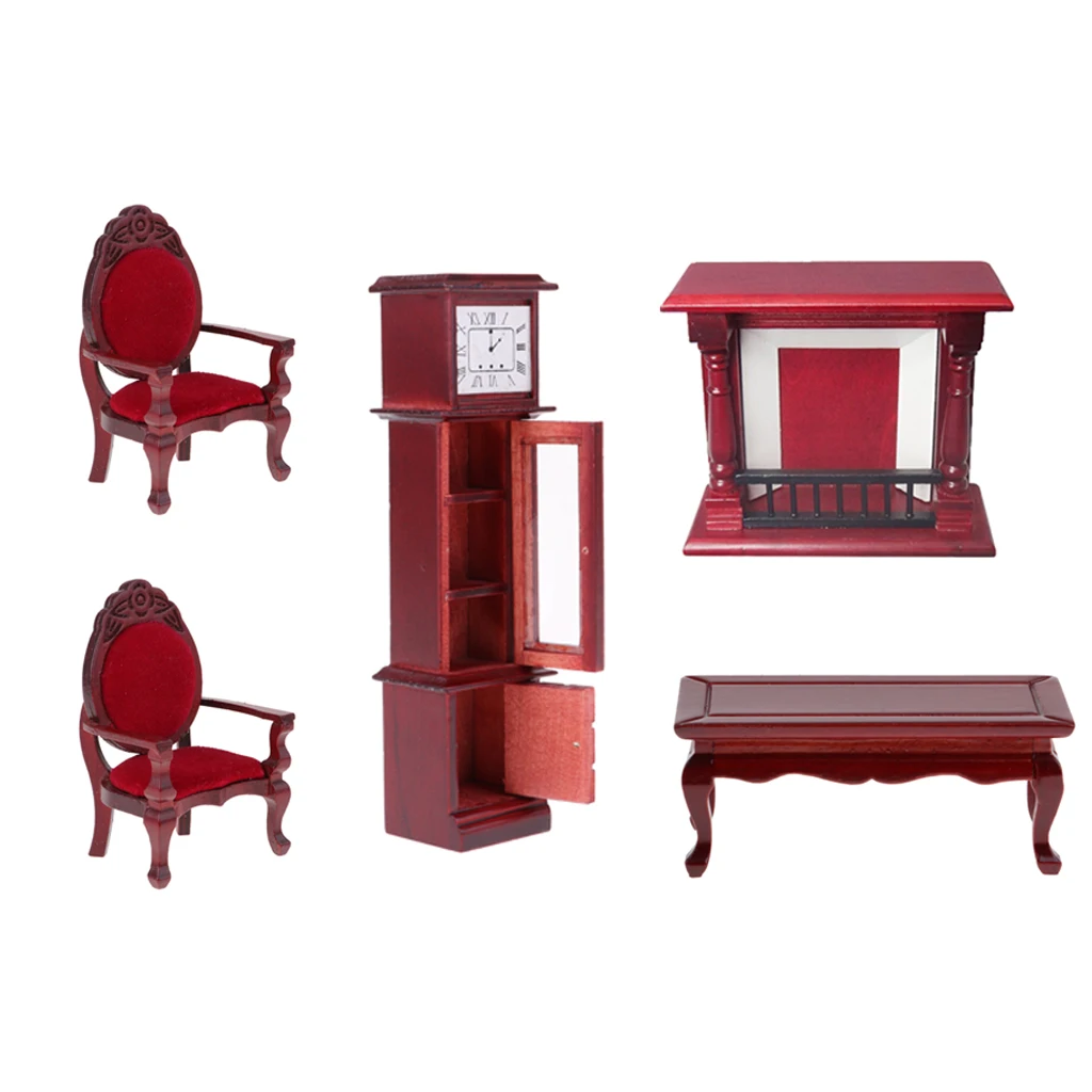 MagiDeal 5pieces 1:12 Dollhouse Wood Table Chair Floor Clock & Fireplace Set