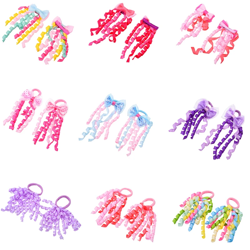 

M MISM 1 Pair Candy Random Color Curl Ribbon Elastic Hair Bands Bow Tie Hair Clips Children Dot Yarn Lovely Hair Gum Accessories