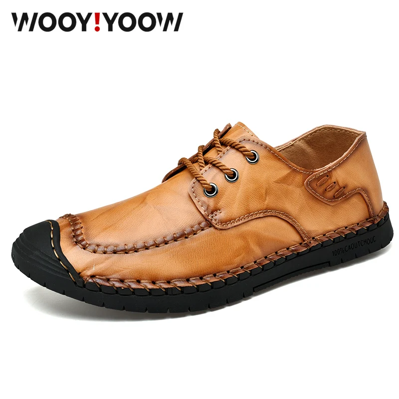 

WOOY!YOOW Men's Casual Leather Shoes Lace Soft Skin Comfortable Bottom Peas Moccasins Shoes Low Upper Office Business Shoes
