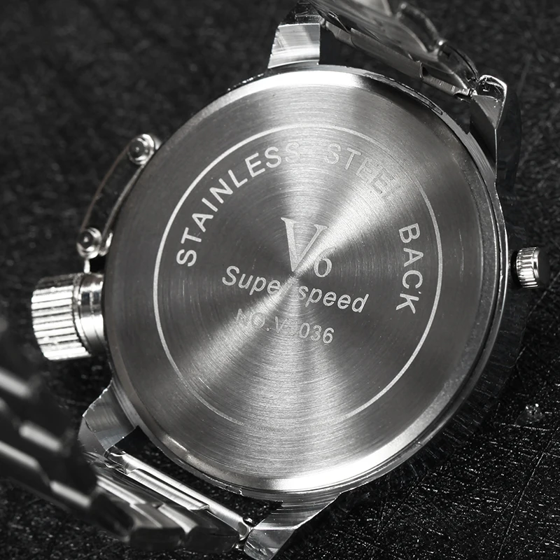 Часы V6 Two Time Zone из серебристой стали мужские спортивные кварцевые часы уникальный