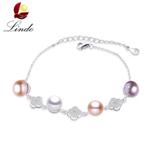 Для женщин элегантные чистого серебра Браслеты с высокой степенью блеска, натуральный пресноводный Ювелирные изделия из жемчуга модный S925 пробы с Горным хрусталём Lindo