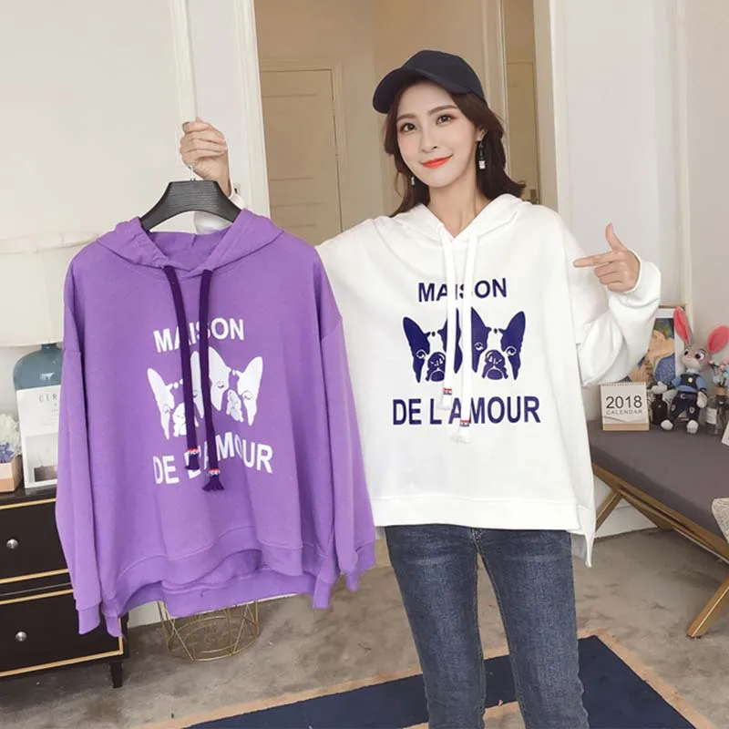 2 cute dogs Printed Fashion autumn winter white Hoodies Harajuku Womens loose Characteristic Hem Design Long Sleeve Sweatshirt Hoodies