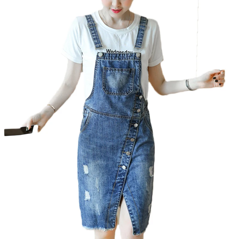 

Women's Overalls Denim Suspenders Dress Preppy Style Lady Adjustable Strap Split Jeans Dresses Vestidos Verano 2019 Mujer