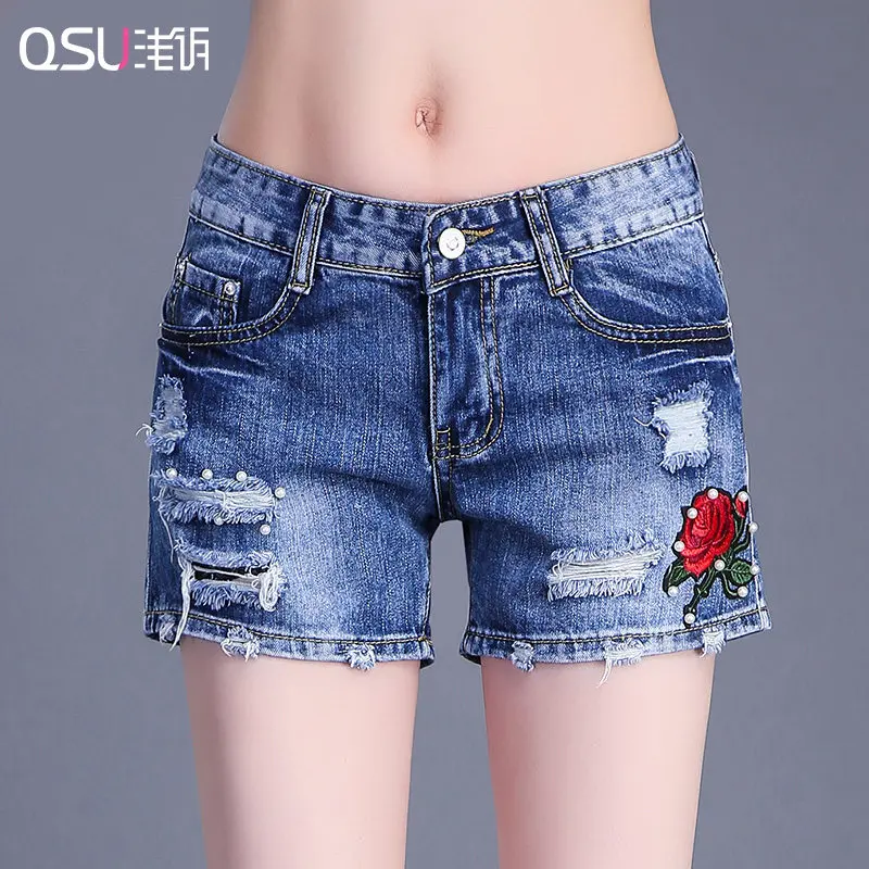 Короткие, летние, короткие, джинсовые, с цветочным принтом, буквами, звездами, дизайнерские шорты, рваные, белые, синие, черные, женские, джинсовые, 10 узоров - Цвет: QS7317