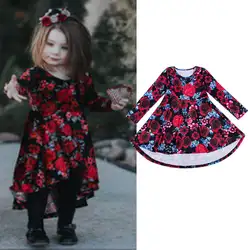 От 3 до 8 лет одежда для малышей принцессы для девочек милые осенние вечерние платье с цветочным принтом с длинным рукавом длиной до колен