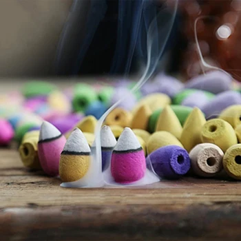 

28/60/70pcs Smoke Incense Backflow Incense Cones Reflux Incense for Tea House Meditation Colored Cones Natural Aroma Sandalwood