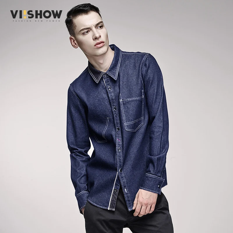 VIISHOW New Men's Denim Long Sleeve Shirt Brand Clothing Male Slim Fit ...