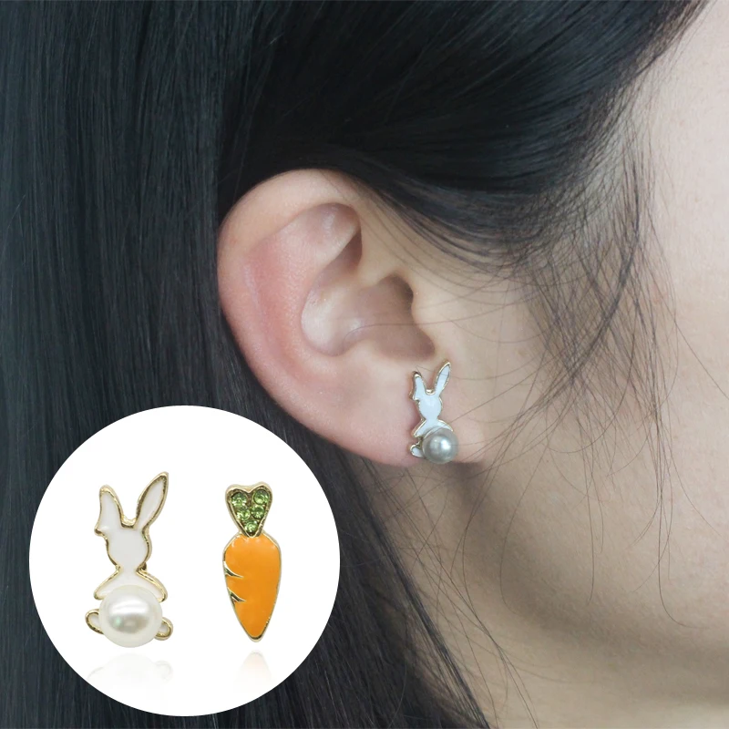 Cute Pearl Rabbit Clip Earrings Crystal Carrot Radish Earrings For