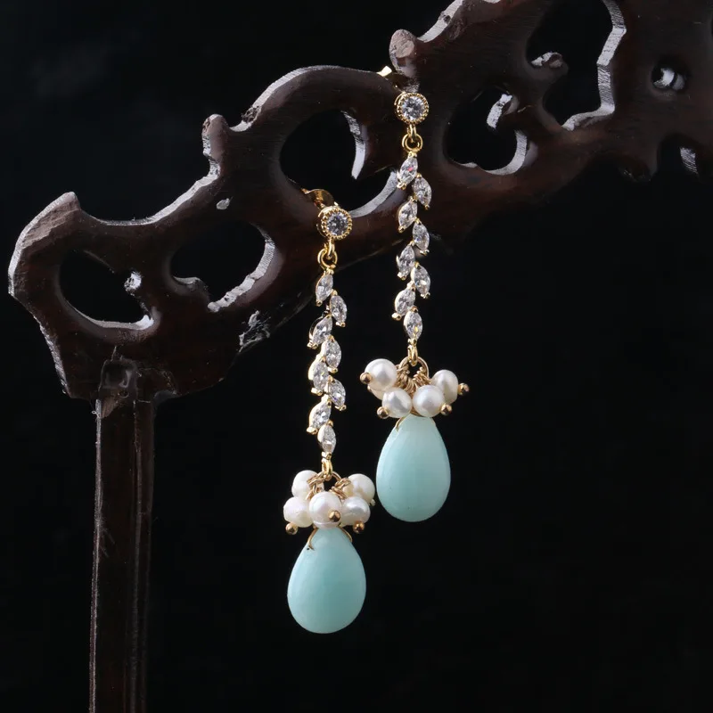 

925 silver needle natural stone freshwater pearl gilded long earrings
