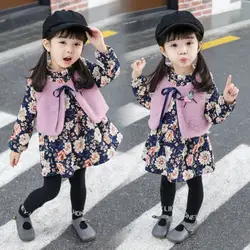 Зимний вельветовый комплект для девочек, 2018 г., маленький и средний размер, детская Корейская версия, жилет + платье с цветочным принтом