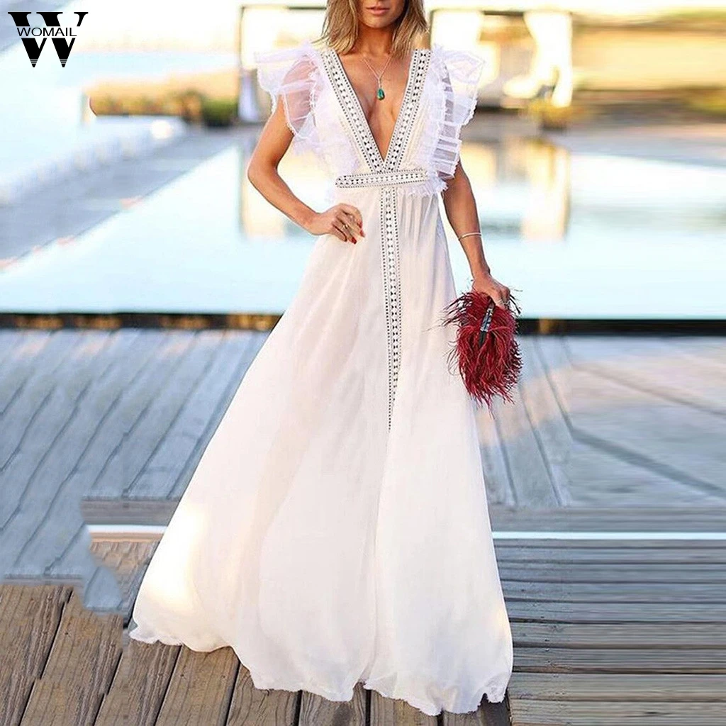 

Womail dress woman Summer Sleeveless Deep V-Neck Solid Long Dress Holiday Formal Wedding party elegant Beach fashion NEW2019 A24