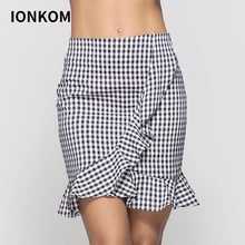 IONKOM/Повседневная мини-юбка с клетчатым принтом, Женская облегающая юбка выше колена с оборками и молнией сзади, летние короткие юбки для активного отдыха