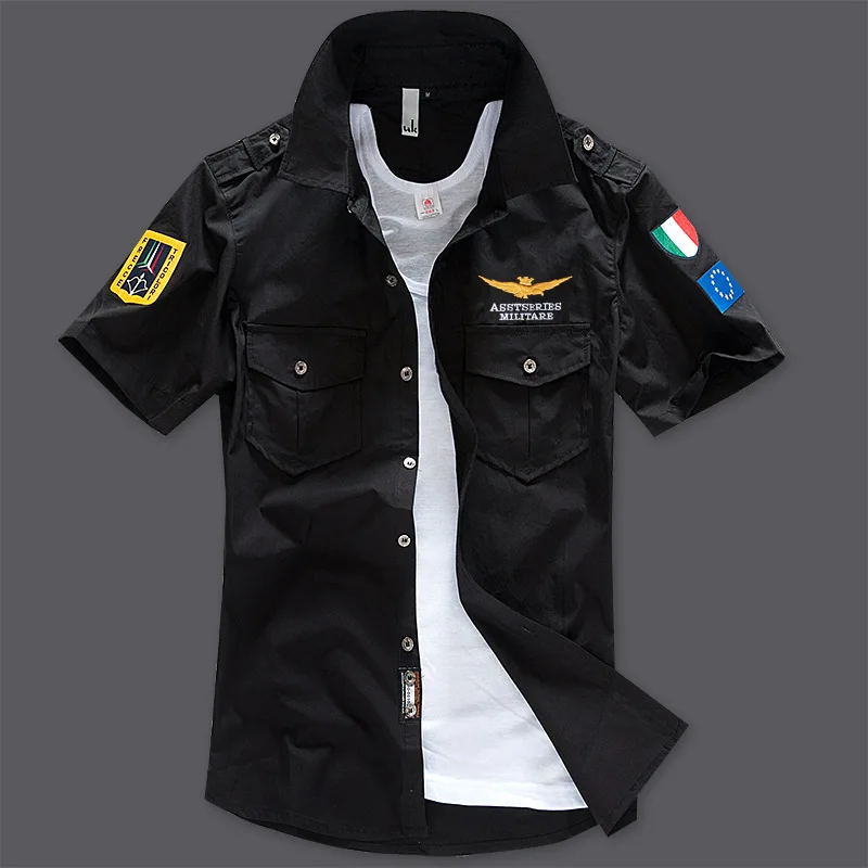 New Men's Shirts Short Sleeve Summer Beach Embroidered Tops High Quality Military Cotton Air Force