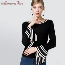Women's Boat Collar Slim Knitted Sweater Ruffled Long Sleeve Striped Wool Pullover Bottoming Shirts Elegant Wild Sweaters Tops Women's Boat Collar Slim Knitted Sweater Ruffled Long Sleeve Striped Wool Pullover Bottoming Shirts Elegant Wild Sweaters Tops