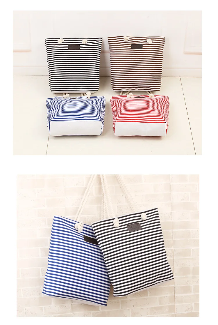 ZYJ Female Striped Canvas Shoulder Casual Tote Bag Pack Drawstring Hemp Rope Handbag Shopping Hand Bucket Grocery Beach Bag (21)