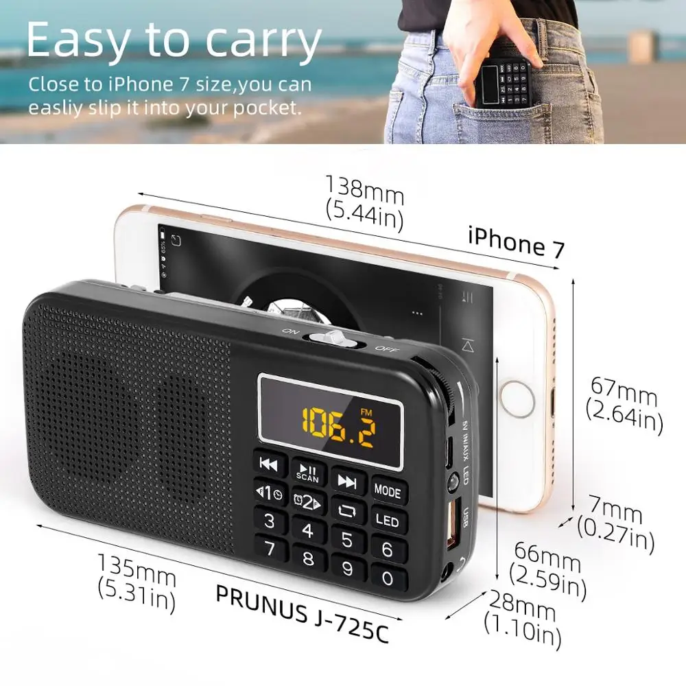 PRUNUS J 725 портативный FM радио приемник TF/USB/AUX MP3 музыкальный плеер аварийный
