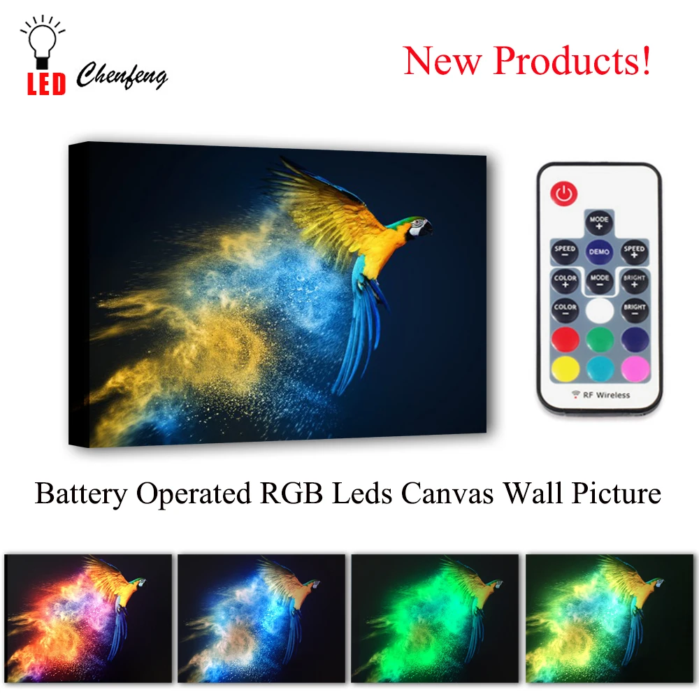 

RGB Leds Canvas Wall Decorative Flying colorful Parrot birds Picture Canvas Print Illuminated painting lighted UP kids gift