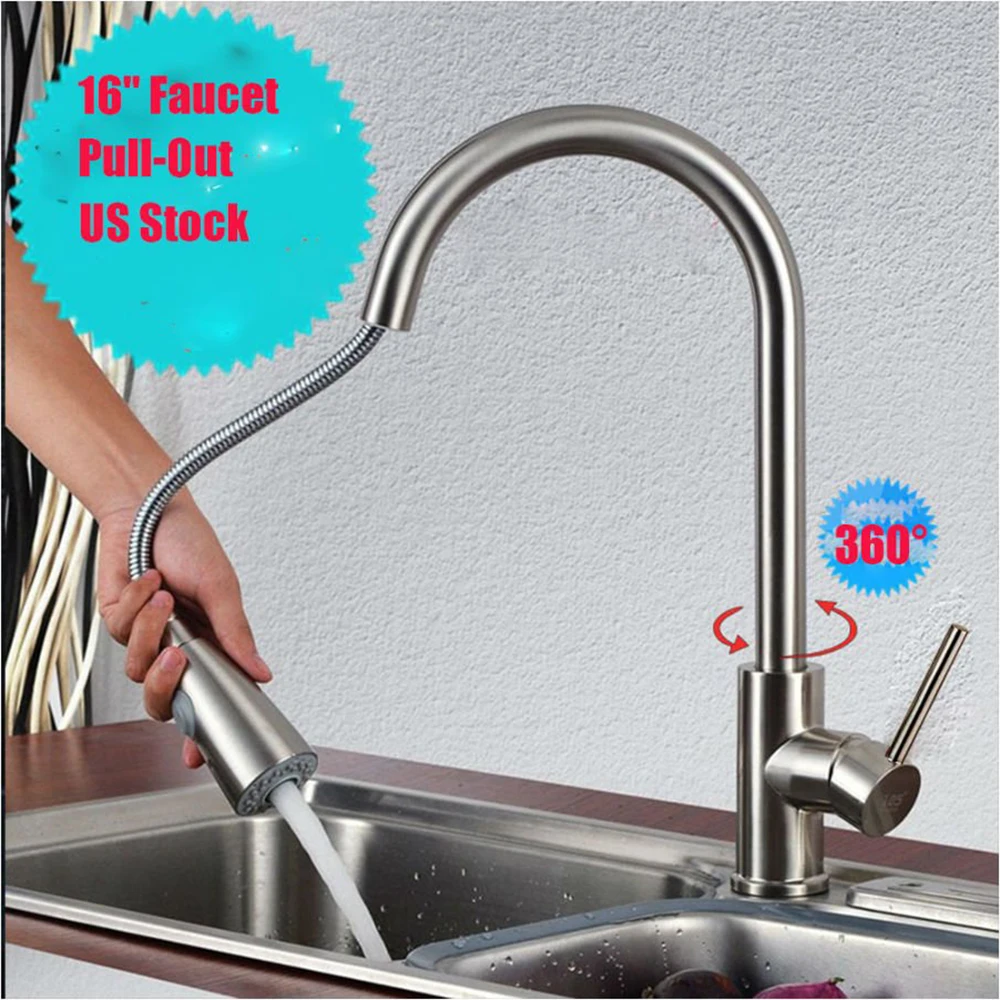 

Brushed Nickel Kitchen Faucet Pull Out Sprayer Single Hole Swivel Sink Mixer Tap kichen tool