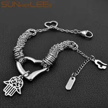 SUNNERLEES-bijoux tendance en acier inoxydable, chaîne à maillons, amulette coeur avec main de Fatima, bricolage soi-même, SSB29, Bracelet à breloques