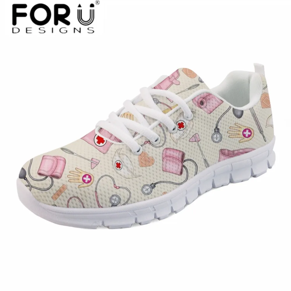 

FORUDESIGNS Brand Design Women Casual Flats Cartoon Nurse Printing Comfortable Spring Walk Shoes Girls Mesh Light Lace Up Shoes