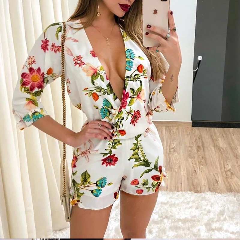 

3/4 sleeve wrap rompers womens jumpsuit Summer 2019 sexy v neck club playsuit Floral print jumpsuit shorts Casual overalls femme
