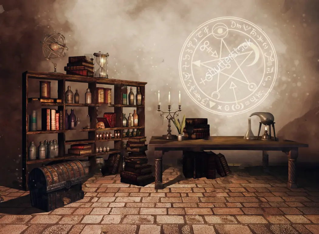 ファンタジー錬金術師の勉強部屋キャンドル洋書ボトル錬金術シンボルバックドロップビニール布コンピュータプリント壁の背景 Aliexpress 家電製品