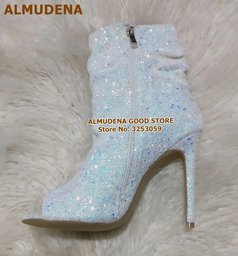 ALMUDENA/Новое поступление; розовые, белые, черные шикарные ботинки с блестками; блестящие модельные туфли-лодочки на шпильке с открытым носком; блестящая обувь