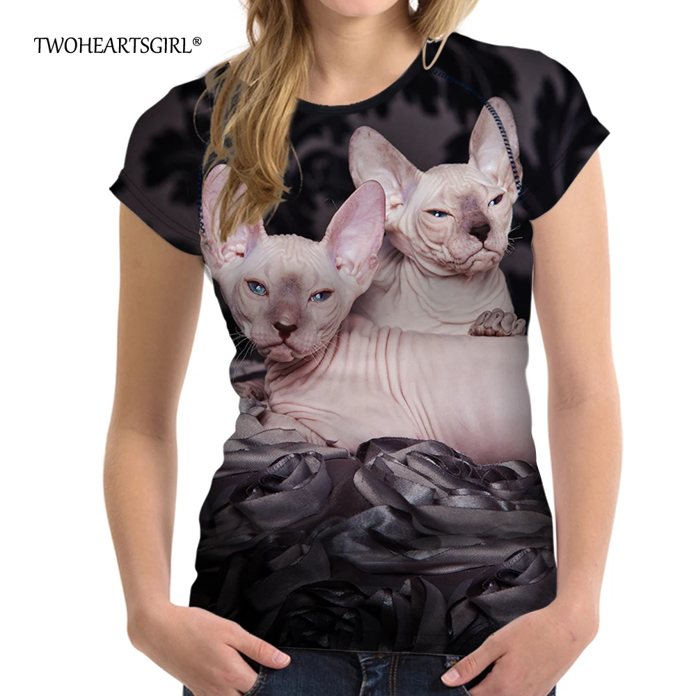 

Twoheartsgirl Cute Sphynx cat Printed Summer Tshirt Tops Tee for Ladies Comfort Kawaii Women Summer T-shirts Funny Animal Shirts