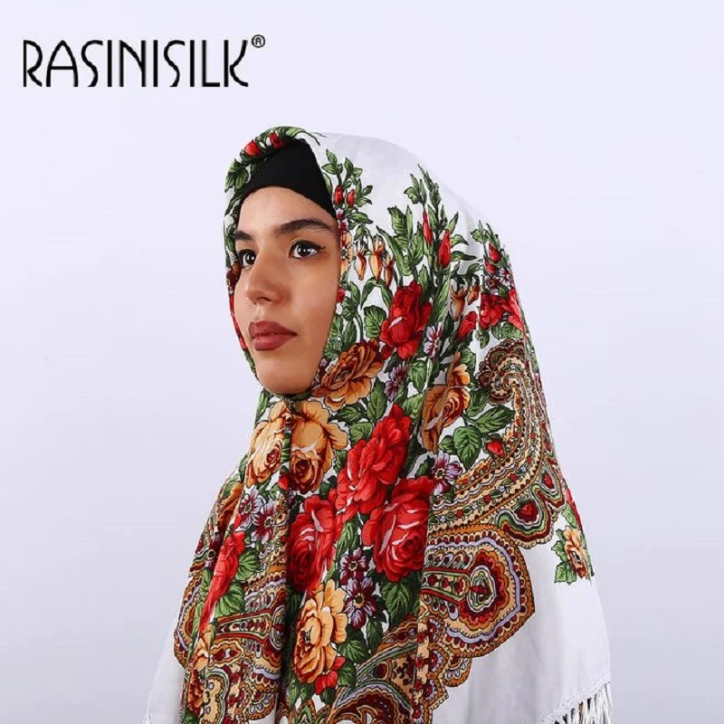 

Wholesale Women Muslim Hijabs Decorative Square Scarf Fringed Flowers Design Personality Ladies Shawl Ethnic Tassel Headscarf