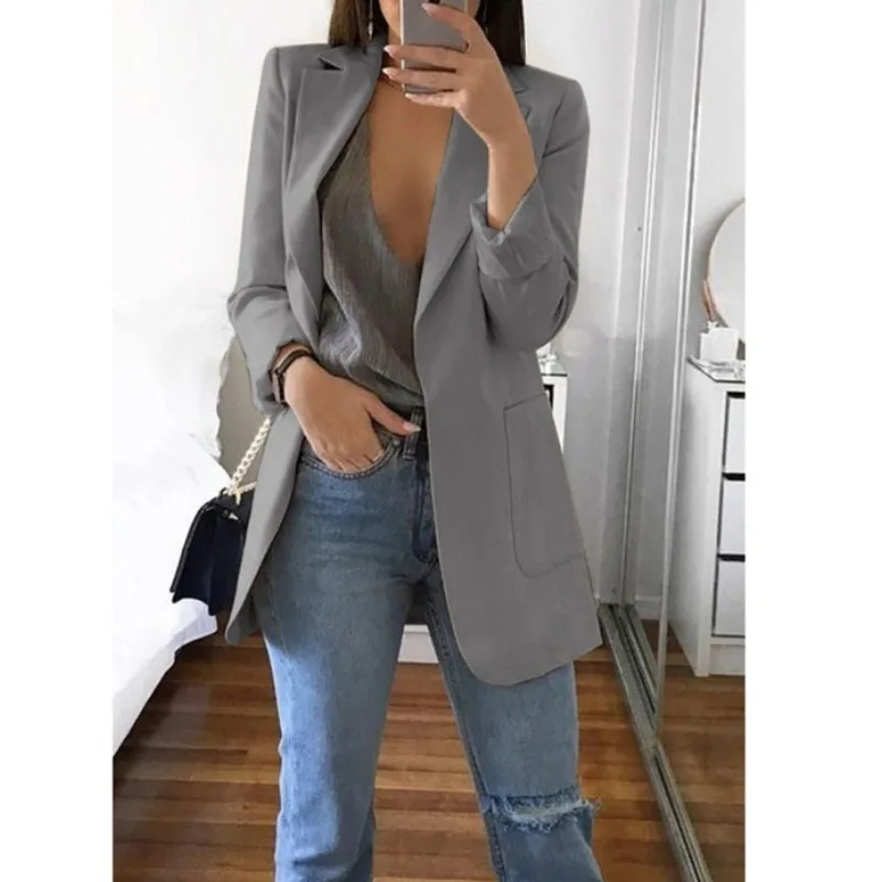 Autumn Office lady Long Slim Blazers Suit Women white Notched Blazer Coat Casual elegant long sleeve Female Business suit - Цвет: gray