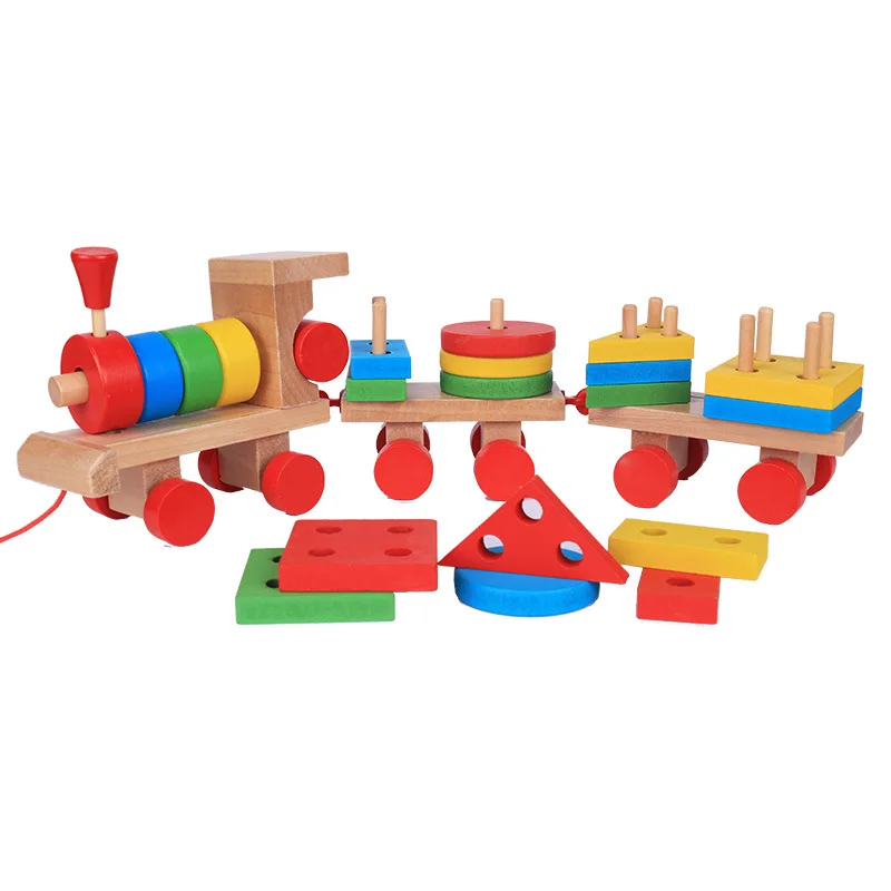 Bébé jouets enfants remorque en bois Train véhicule blocs géométrie/couleur Congnitive blocs enfant éducation anniversaire/noël cadeau