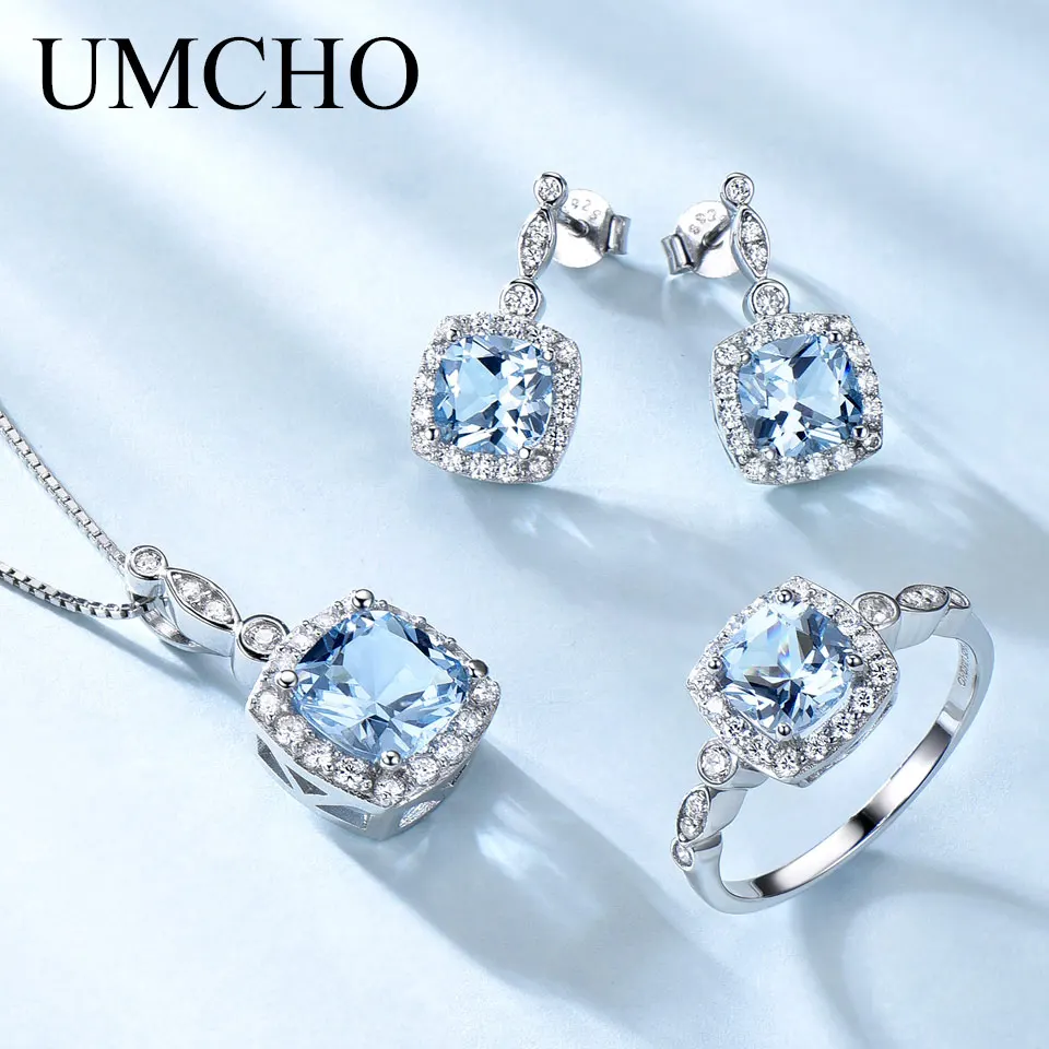 UMCHO conjunto de joyería de plata de ley 925 de cielo azul Topacio anillo colgante pendientes para las mujeres de la boda regalo de San Valentín bien joyería - 2