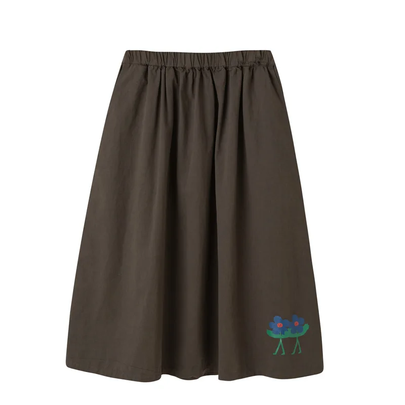 Летний Harajuku дизайн Женская коричневая юбка Повседневная трапециевидная до середины икры с цветочным принтом эластичная талия плиссированные школьные юбки
