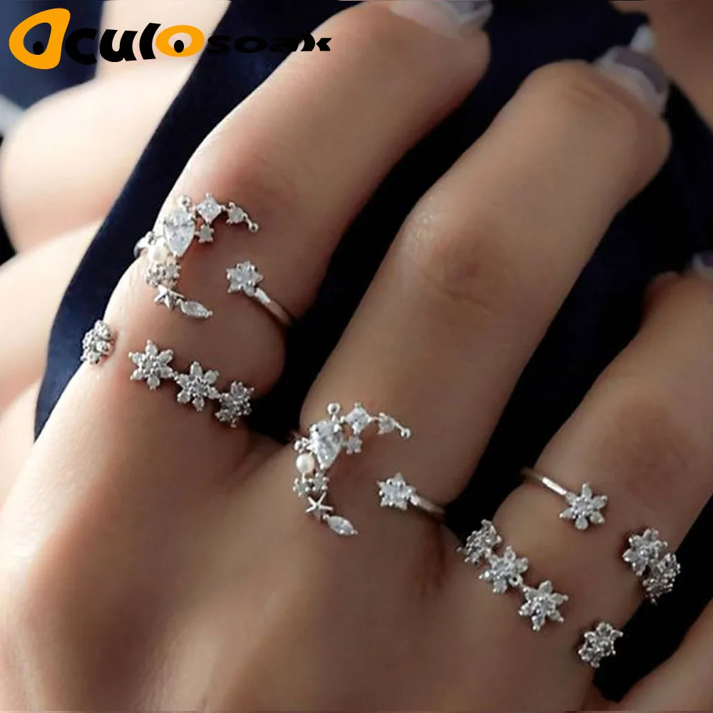 

5pcs/Set Brand Silver Color Heart Ring Set Drop of Crystal Adjustable midi Ring anillos anel Rings For Women Anillo Hombre
