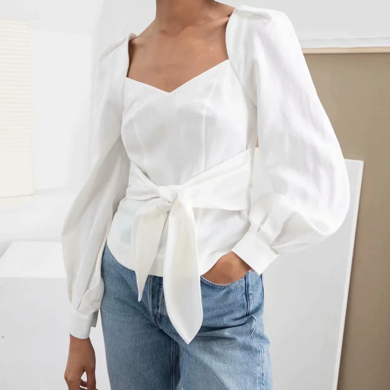 

New Chic Vintage Europe Women's Court Square Collar Blouses Sashes Bow Lantern Sleeves Shirts Autumn Ladies Party Elegant Tops