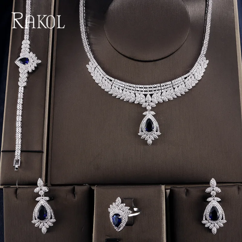 RAKOL Gorgeous Luxury Full Pave Cubic Zirconia Fashion Wedding Jewelry Set For Women Water Drop Shape Necklace Earrings Rings