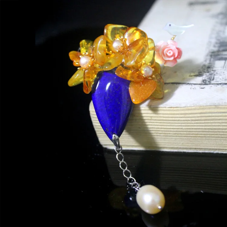 

s925 sterling silver Handmade custom brooch lapis lazuli natural stone brooch pendant women's fashion jewelry