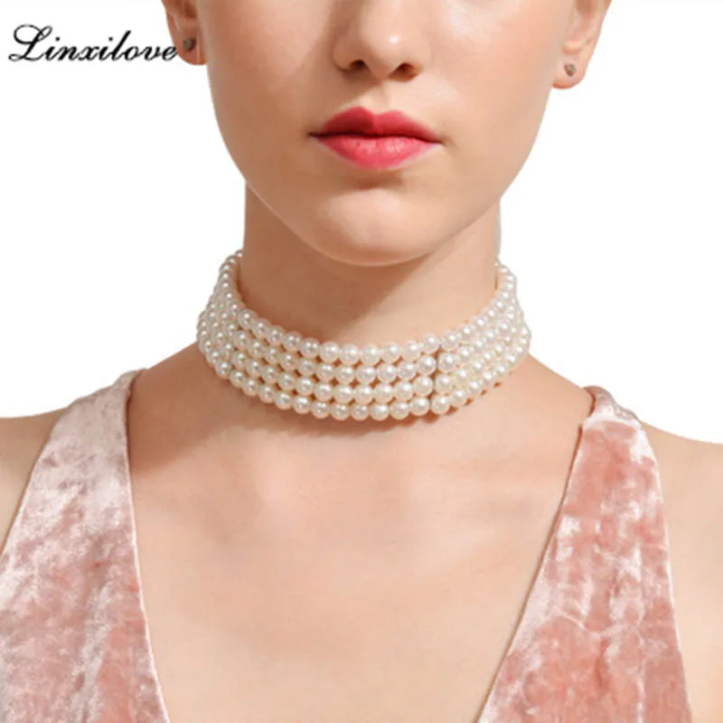 

Fashion Multilayer White Imitation Pearl Choker with Metal Slice Fixation Wide Bib Necklace Jewelry for Charm Women