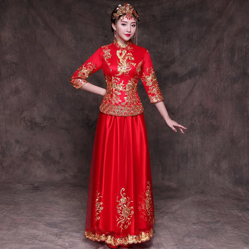 

Oriental Elegant Female Cheongsam Phoenix Qipao Chinese Women Evening Gowns Traditional Bride Wedding Dress Toast Clothing