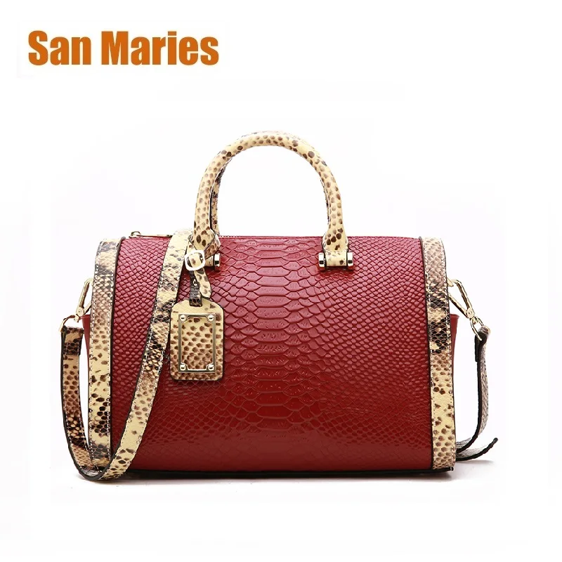 

San Maries Fashion Real Cow Leather Women Bag Ladies Luxury Snake Shoulder Bags Designer Handbags High Quality Boston Lady Totes