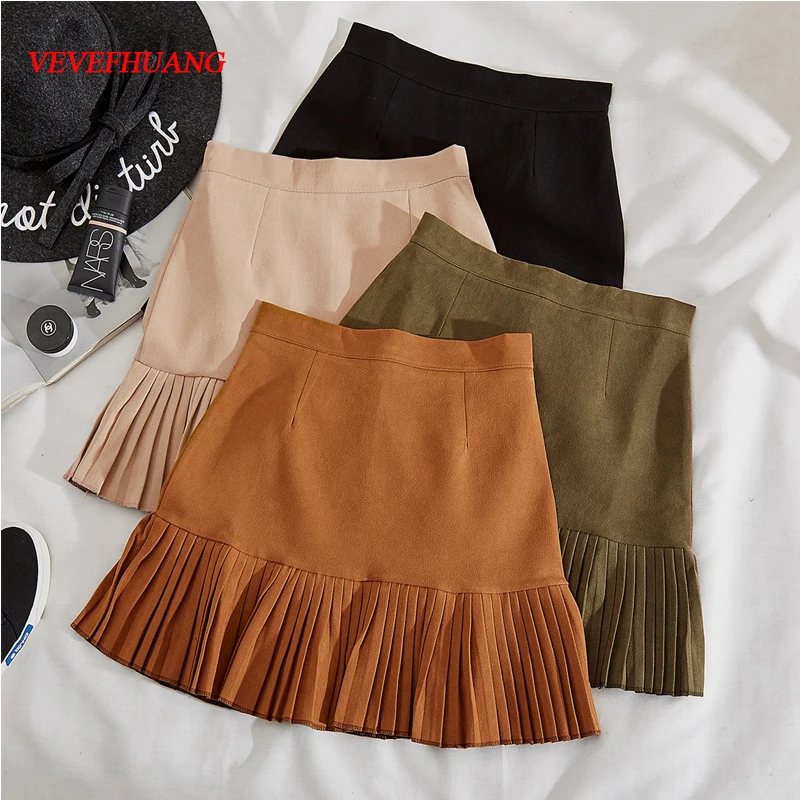 

VEVEFHUANG Autumn Winter Women Mini Pleated Skirt Suede Solid Multi Colors High Waist School Girls Femininas Skater Skirt