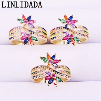 

5Pcs CZ Rainbow Rings For Women, Colorful Micro Pave Zirconia Flower Jewelry Gold Color Rings