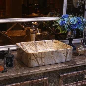 

Rectangular Europe Style Handmade Countertop Ceramic wash basin art Bathroom Basin Bathroom Sink decorative imitation marble