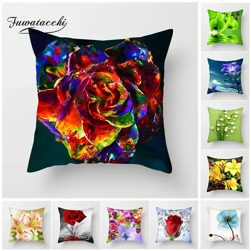 

Fuwatacchi Flower Cushion Cover Colorful Plant Rose Lily Sunflower Pillow Cover Home Sofa Decorative 45*45cm Pillowcases