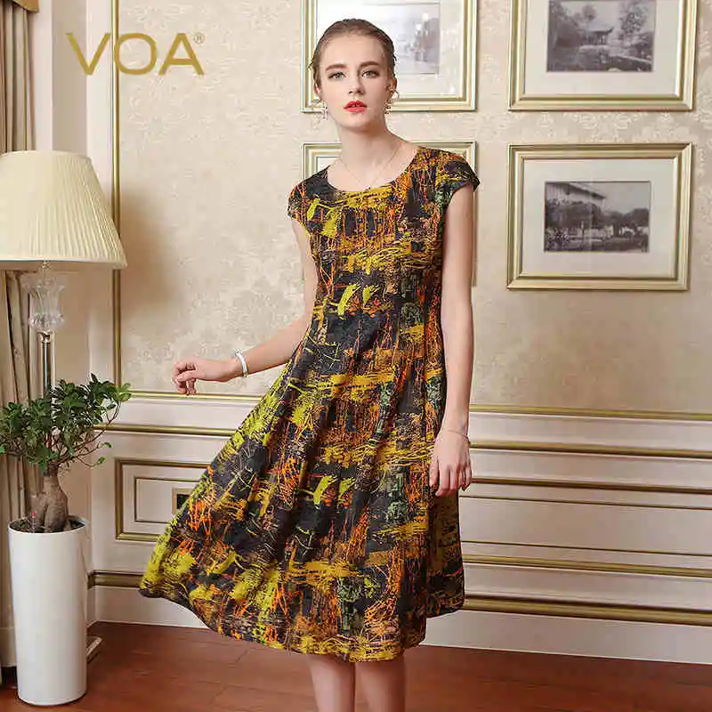 

VOA Silk Women Casual Dresses A-Line Print Short Sleeves O-Neck Knee-Length 2017 New Fashion Summer Vestidos Female A6300