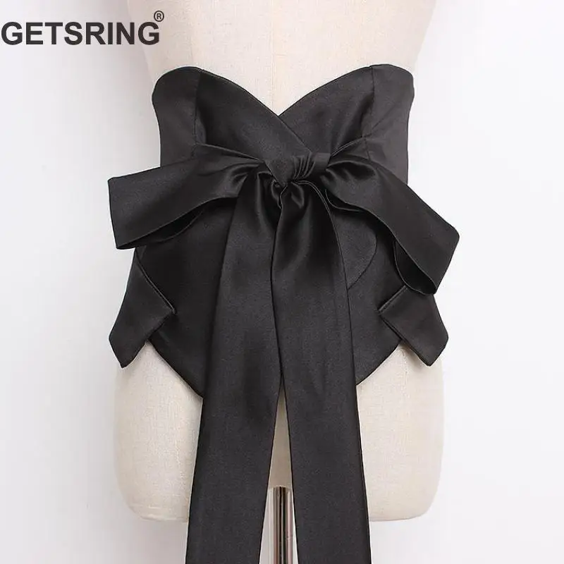 

GETSRING Woman Belt Simple Black Satin Cummerbunds All Match Corset Belt Fashion Wide Stretch Belt Bandage Lace Up Waistband New