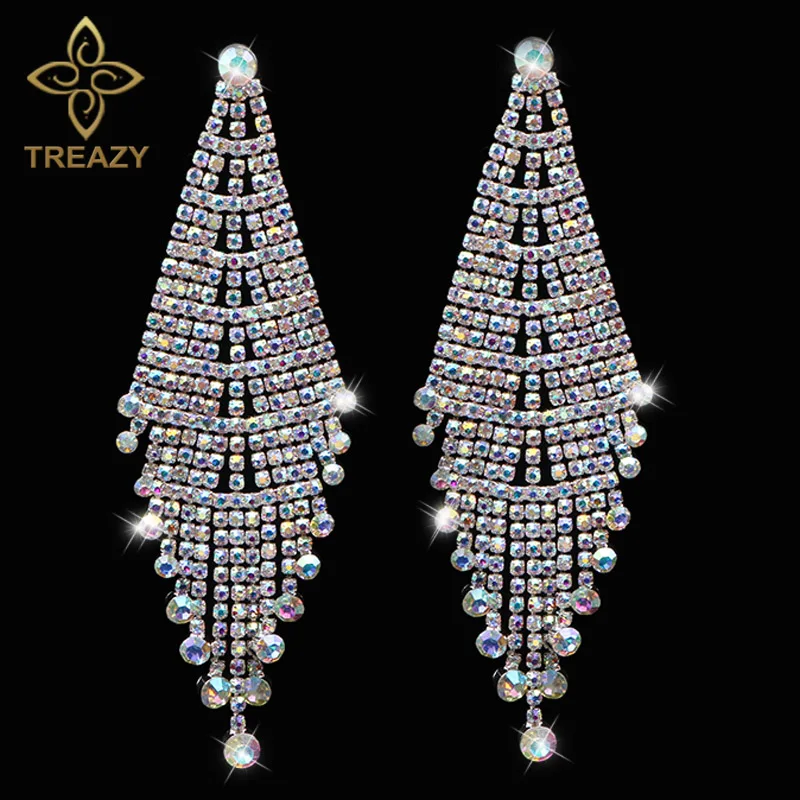 TREAZY Luxury Bridal Crystal Tassel Drop Earrings Colorful Rhinestone Long Dangle Earrings for Women Wedding Costume Jewelry TREAZY Luxury Bridal Crystal Tassel Drop Earrings Colorful Rhinestone Long Dangle Earrings for Women Wedding Costume Jewelry
