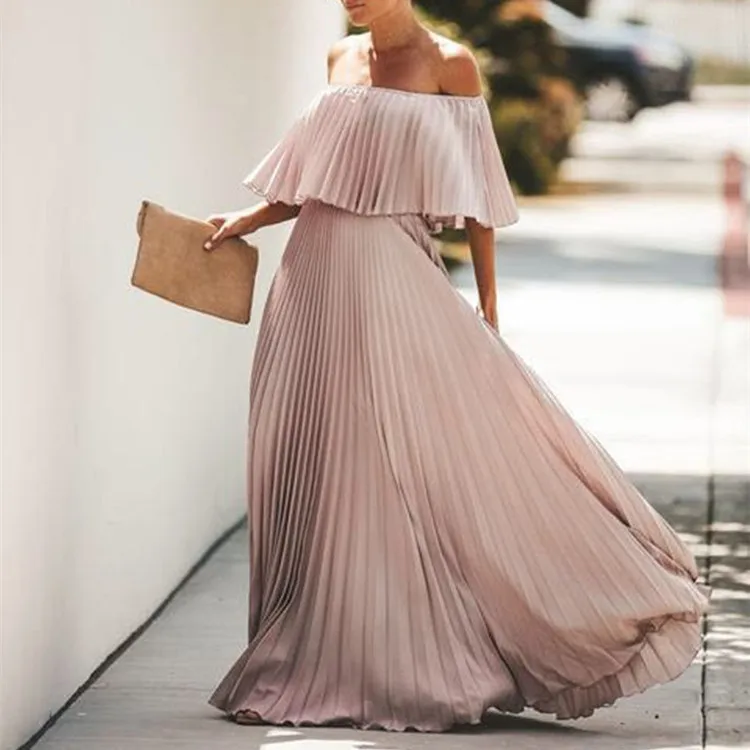 

Sexy Ruffle Long Dresses Women Slash Neck Pleated A-line Beach Party Dress Summer Holiday Bohemian Dress