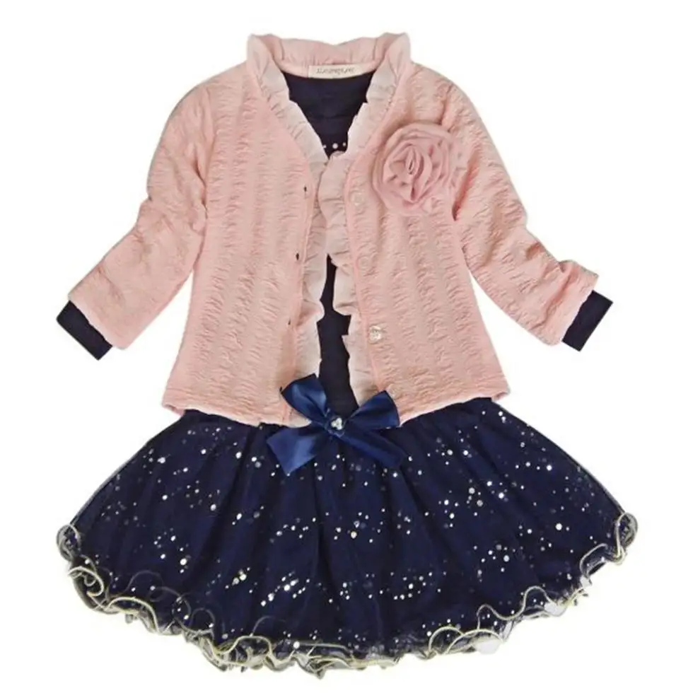 

Princess Kids Baby Girls Sets Coat+T-shirt+Skirt Tutu Pink Clothes 3PCS Sets Children Suit
