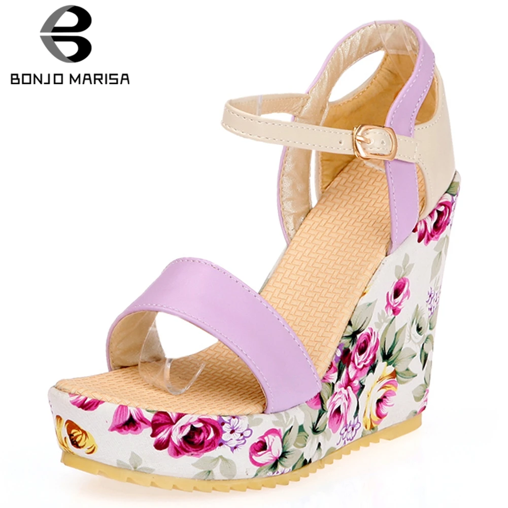 

BONJOMARISA New Sweet Print Platform High Heels Sandals Woman Summer 2019 High Heels Wedges Platform women's Shoes Woman
